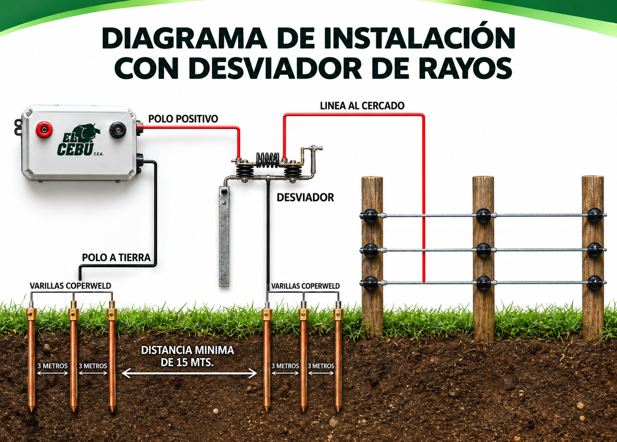 Diagrama de instalación del impulsor El Cebú con desviador de rayos y varillas Copperweld