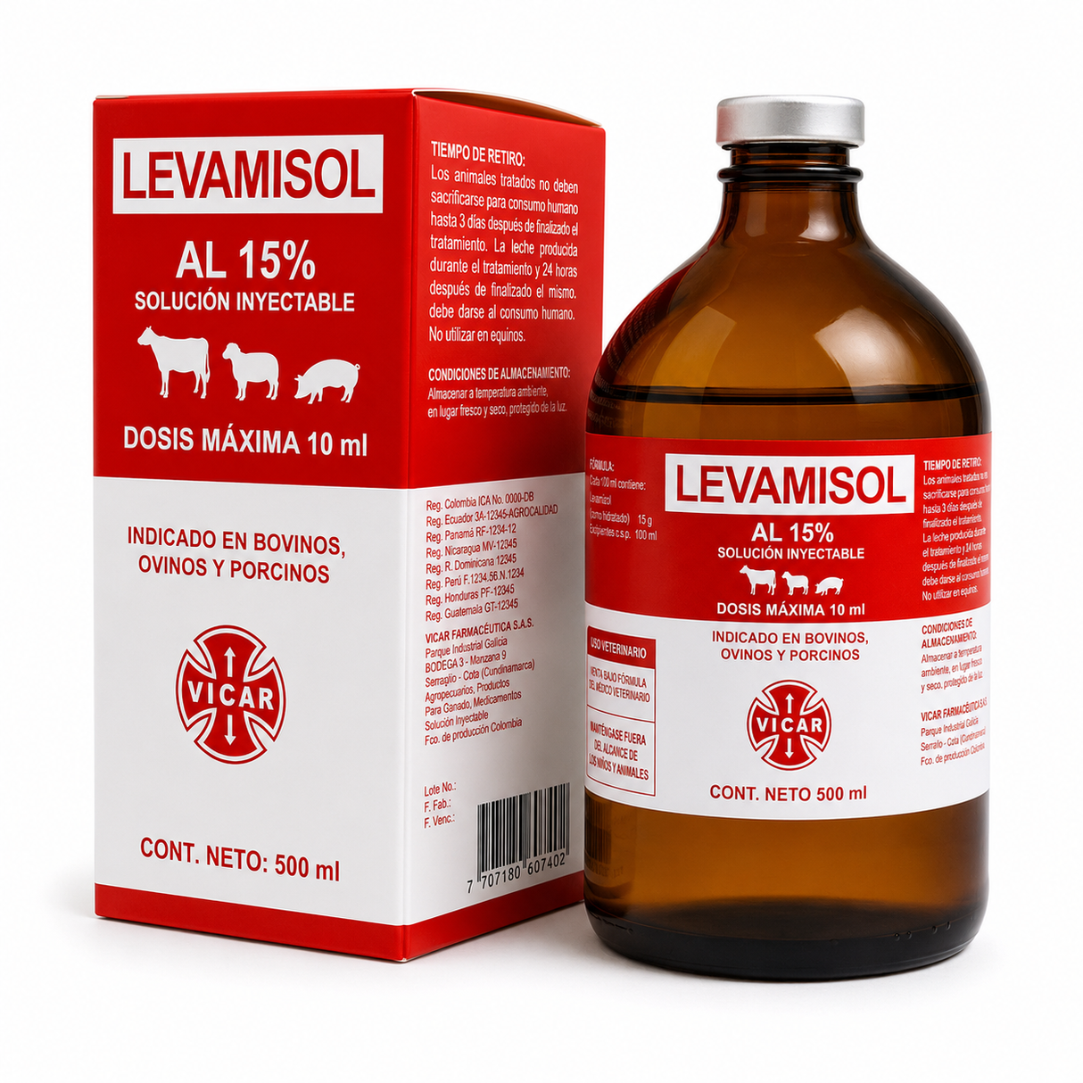 Levamisol 15% VICAR Farmacéutica - Solución Inyectable 500 mL - Antiparasitario para bovinos, ovinos y porcinos